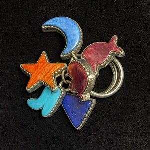 Signed Joan Slifka Sterling Adjustable Charm‎ Ring – 1990s Dyed Inlay Symbols